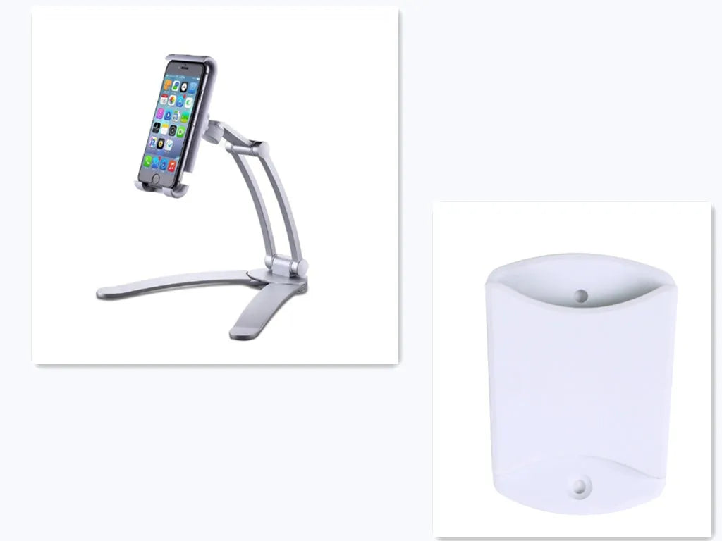 Silver aluminium alloy desktop tablet stand holding a tablet at an adjustable angle