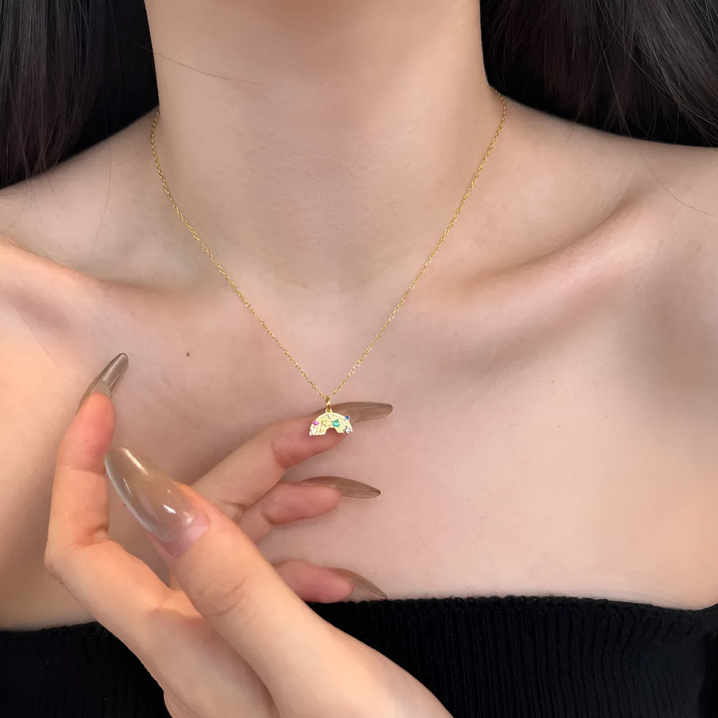 S925 sterling silver necklace with rainbow inlaid U-shaped geometric pendant on clavicle chain in platinum finish