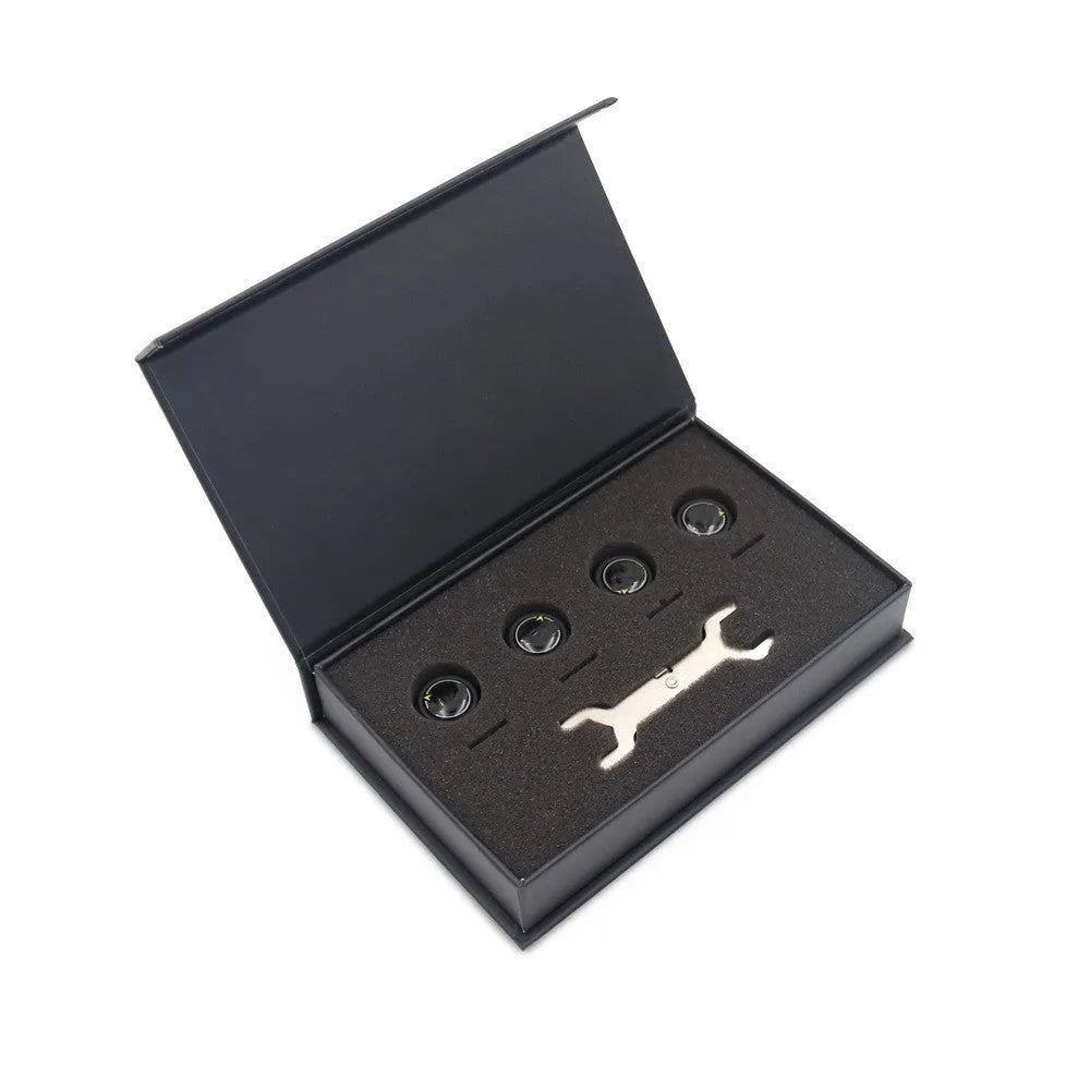 Black Bluetooth 5.0 automotive tyre pressure monitor with external sensors and installation tools