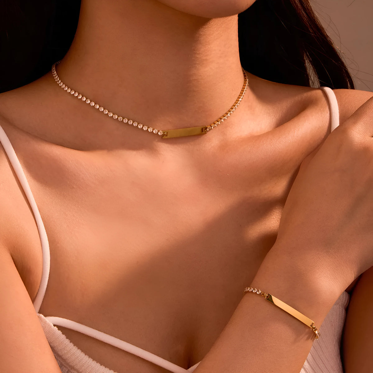18K gold finish stainless steel diamond-embedded lettering bracelet with adjustable chain, geometry shape