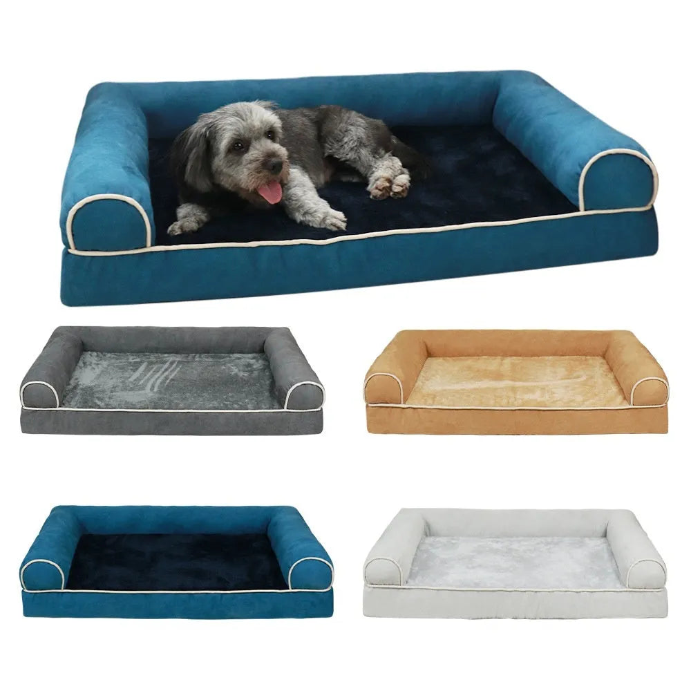 Square blue sponge dog bed insert for crates, showing breathable cloth material and dimensions.