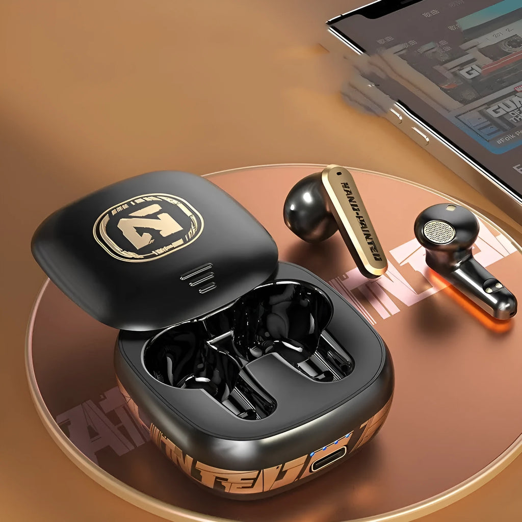 Long range low latency wireless game headset earplug style in black with power display