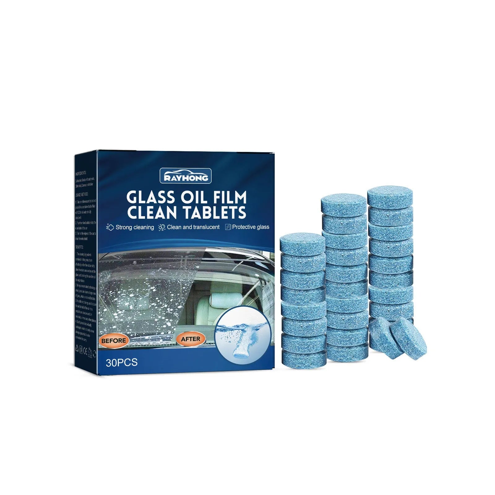 Box of 30 car interior oil-removing film cleaning effervescent tablets.