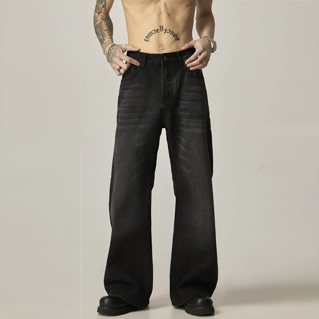 Black loose straight leg jeans with retro American styling and zipper fly