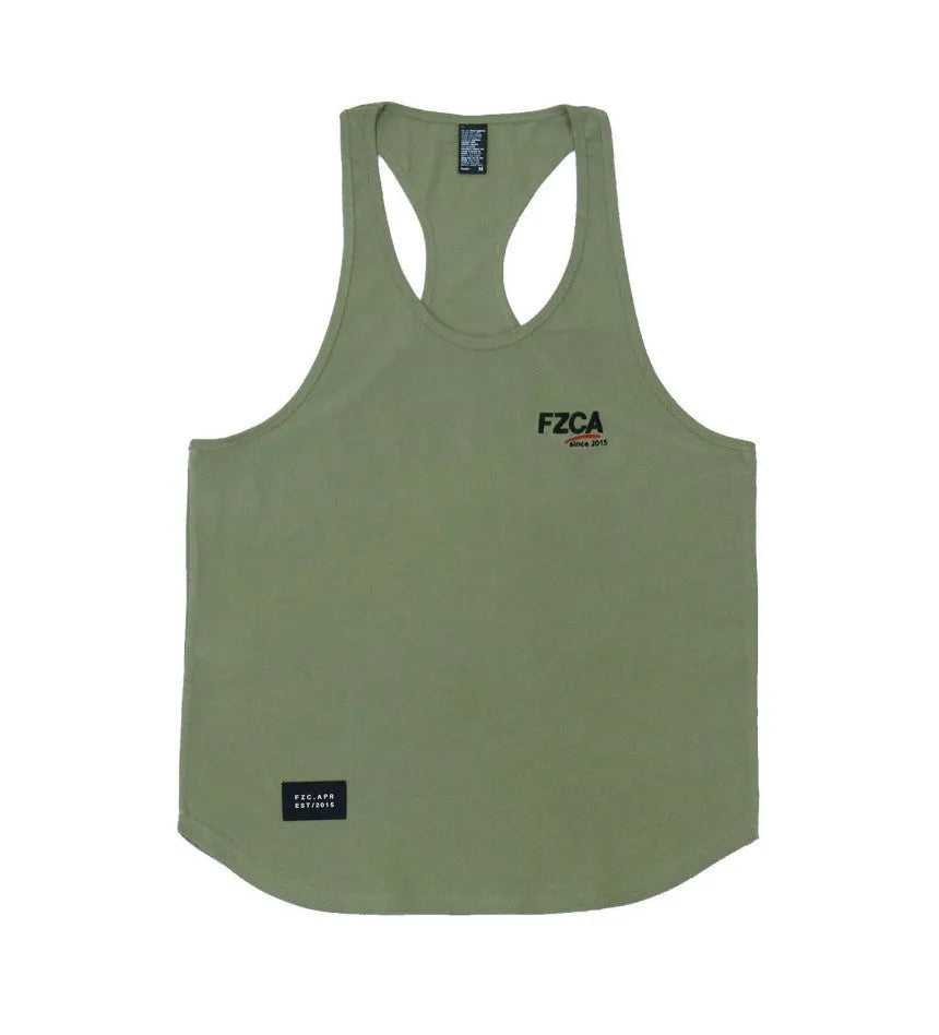 Men's white cotton sports vest for fitness and running training, shown on a hanger.