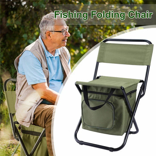 Versatile fishing chair with built-in refrigerator compartment, designed for outdoor comfort and convenience