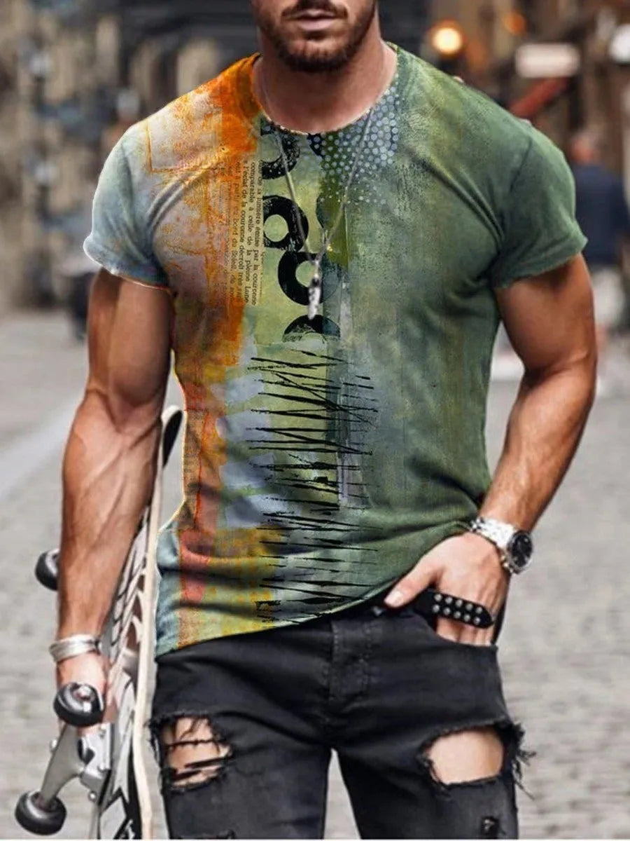 Man wearing a loose fit camouflage print short sleeve t-shirt in milk silk polyester.