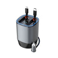 Car cup charger with retractable cable in original car gun grey matte black showing multiple charging ports