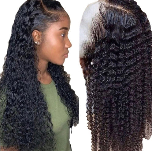 Brazilian Kinky Curly Lace Front Wig in natural color, showcasing voluminous curls and a natural hairline.