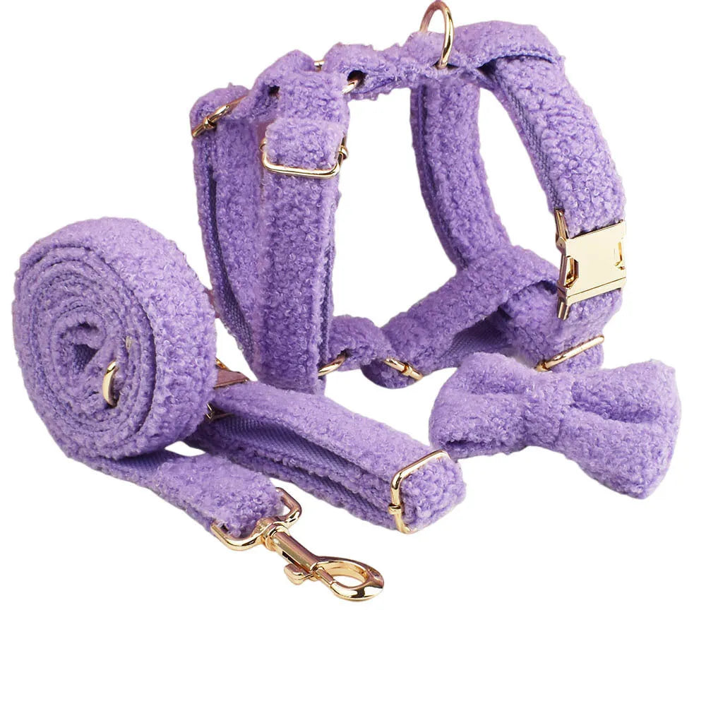 Four-piece dog accessory set showing collar, lead, bow and matching vest in cloth material