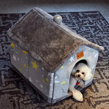 Cozy Pet Cave: Foldable plush dog house with warm removable cushion in various color options