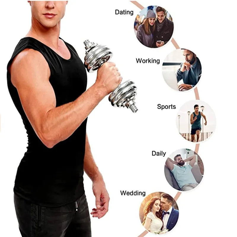 Silver-painted seamless U-neck sweat vest for men and women in milk silk and spandex, showing waist support and body sculpting fit.