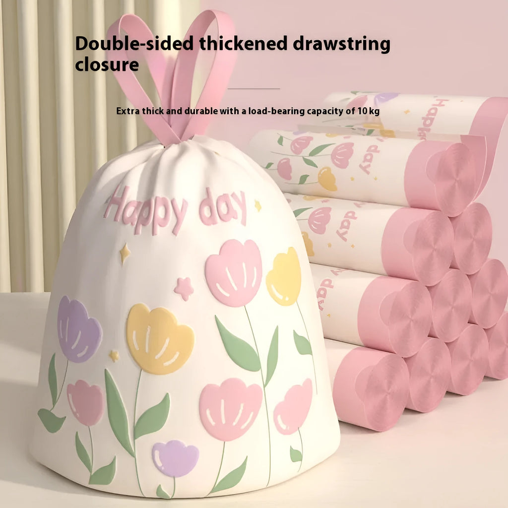 Pink degradable drawstring garbage bag with argy wormwood for mosquito repellence.