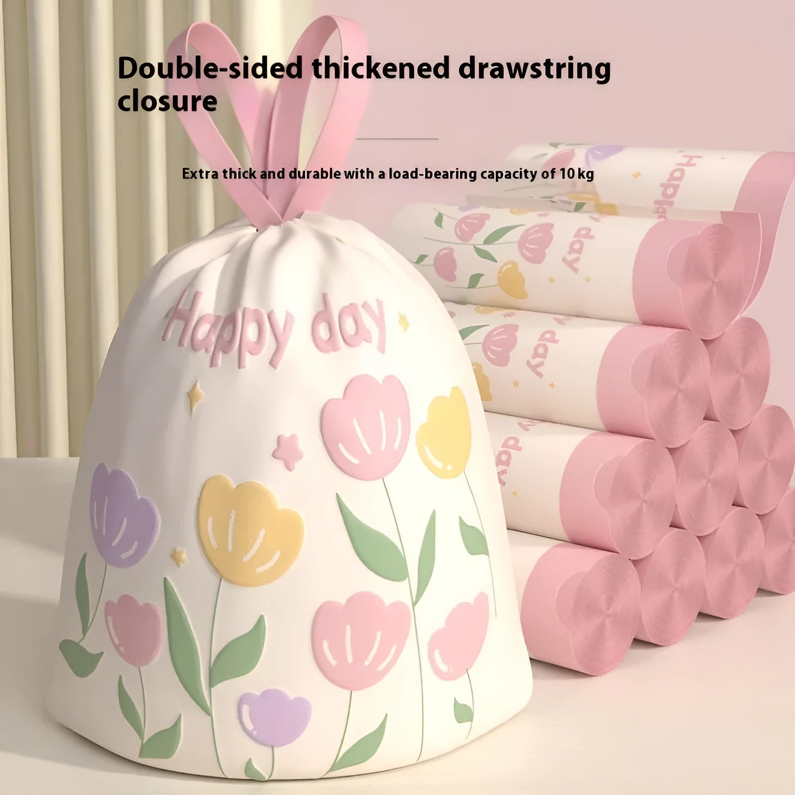 Pink degradable drawstring garbage bag with argy wormwood for mosquito repellence.