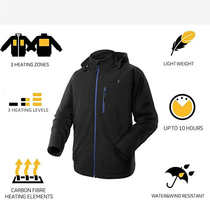 Black men's USB heated winter coat with long sleeves, straight hem, and zipper pockets.