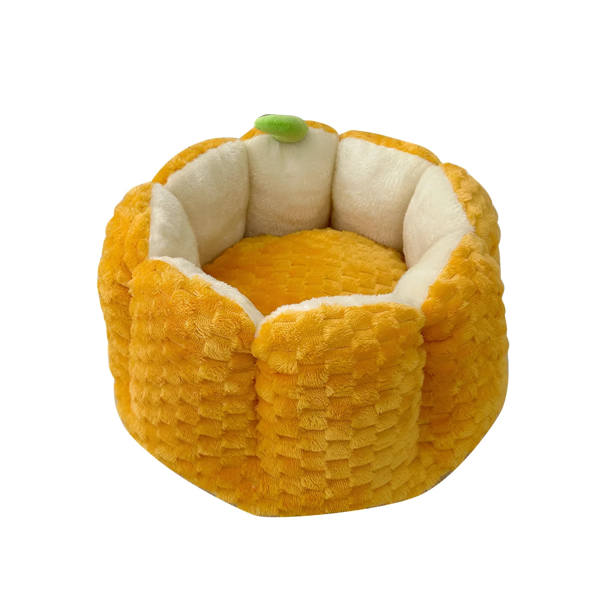Pumpkin-shaped pet bed with raised sides in two sizes for cats and small dogs