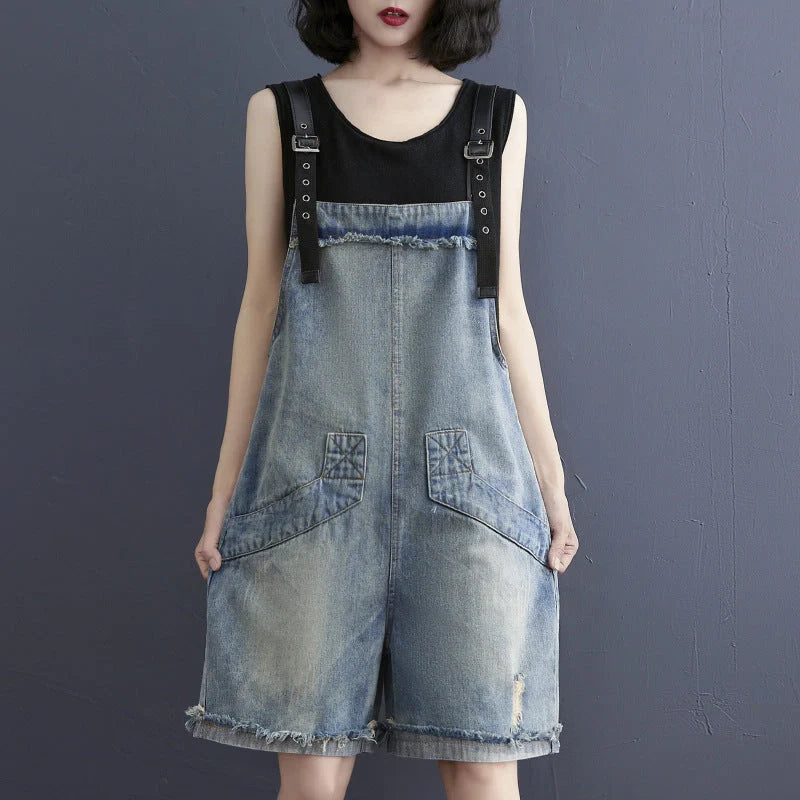 Women's denim suspenders in blue, Korean style design with adjustable straps