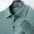 Men's grey woolen pullover sweater with a polo collar, shown on a hanger.