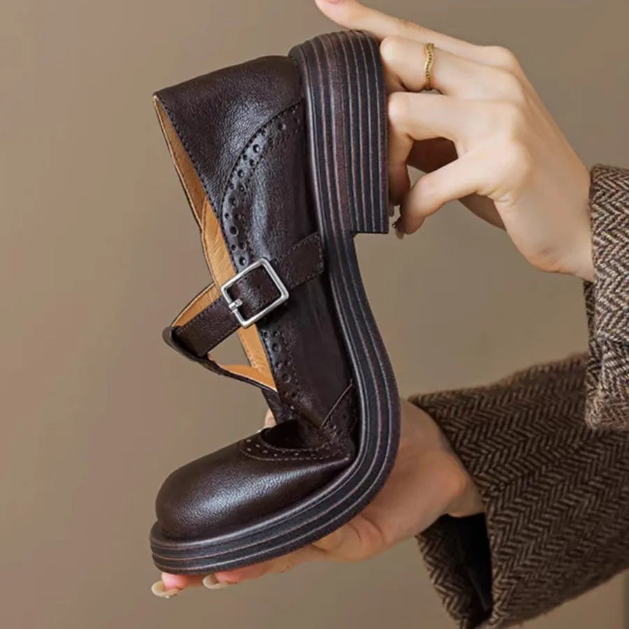 Women's casual sheepskin hollow flower flat loafers in brown, round toe, low top, T-strap style