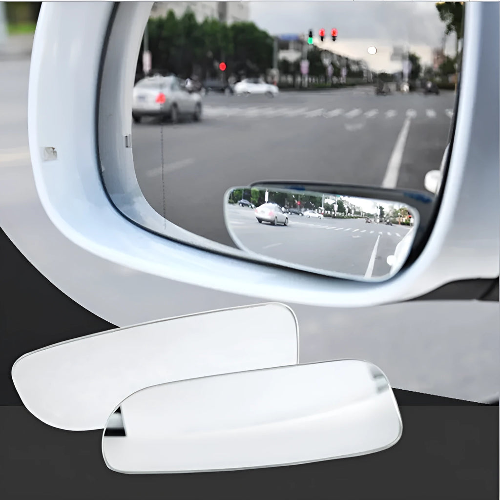Universal adjustable car blind spot mirror with glass lens and adhesive mount shown in multiple colours.