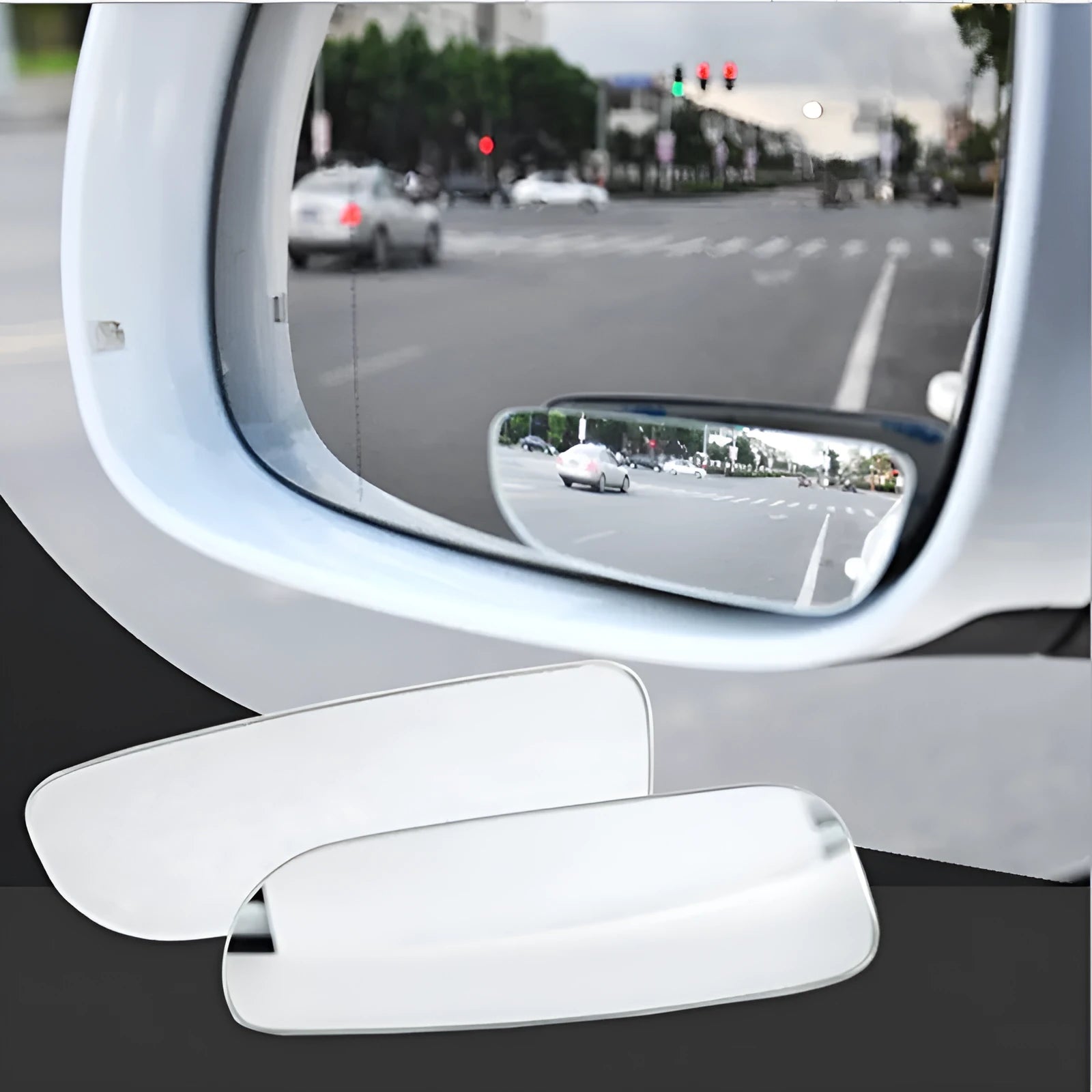 Universal adjustable car blind spot mirror with glass lens and adhesive mount shown in multiple colours.