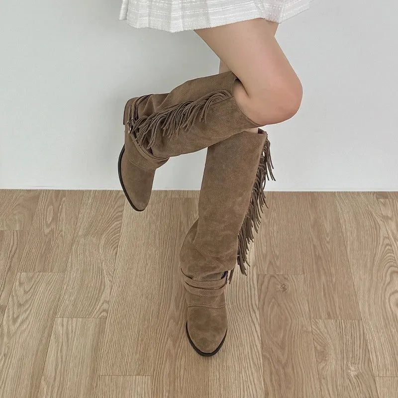 Women's khaki suede cowboy boots with belt buckle and long tassel, mid heel, round toe, sizes 35-42