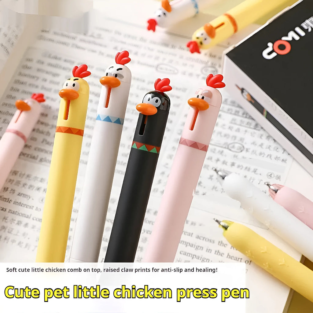 Cute pet chicken shaped press gel pen with 0.5mm nib in black, white, pink, and yellow colours