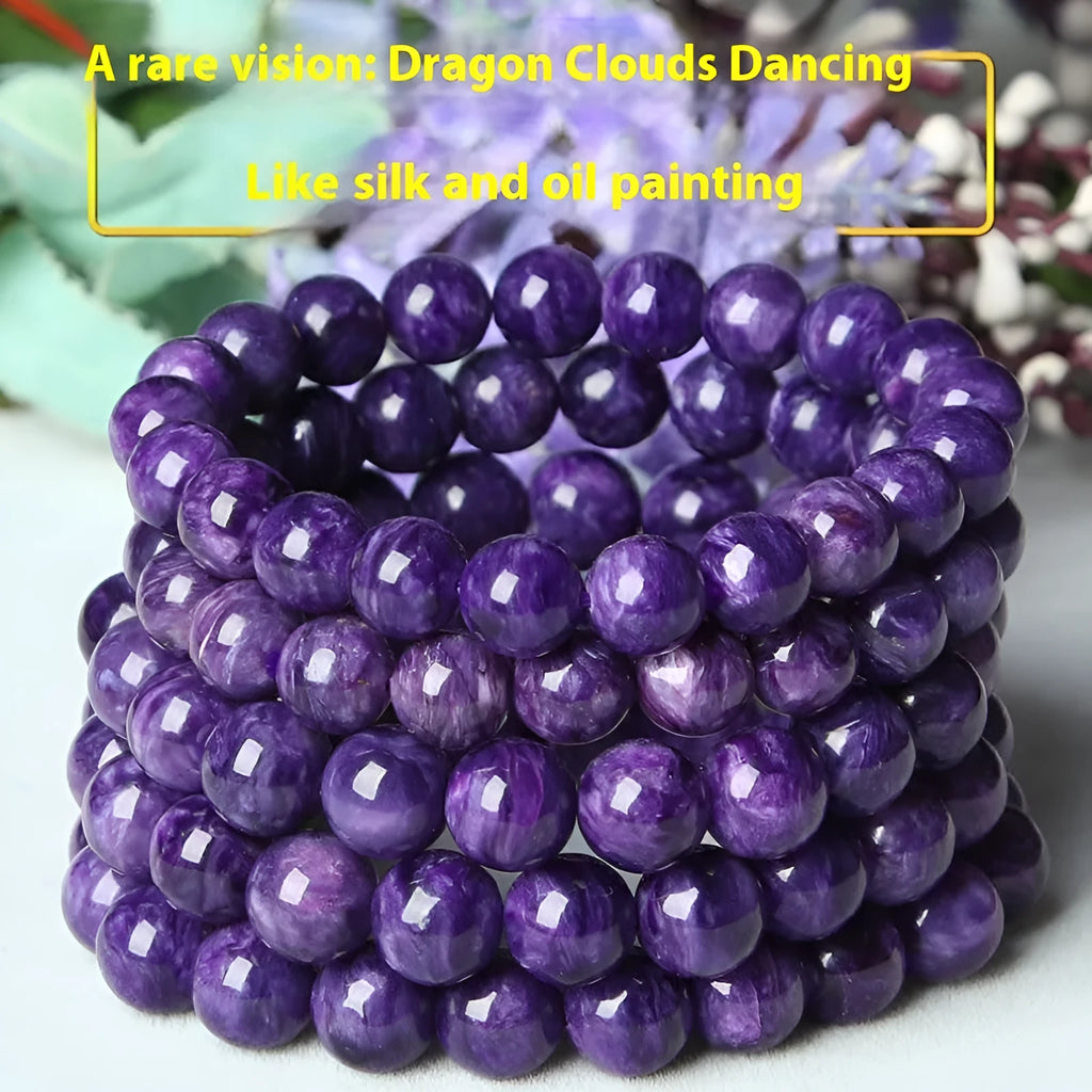 Natural transparent charoite crystal bracelet with platinum beads in four size options.
