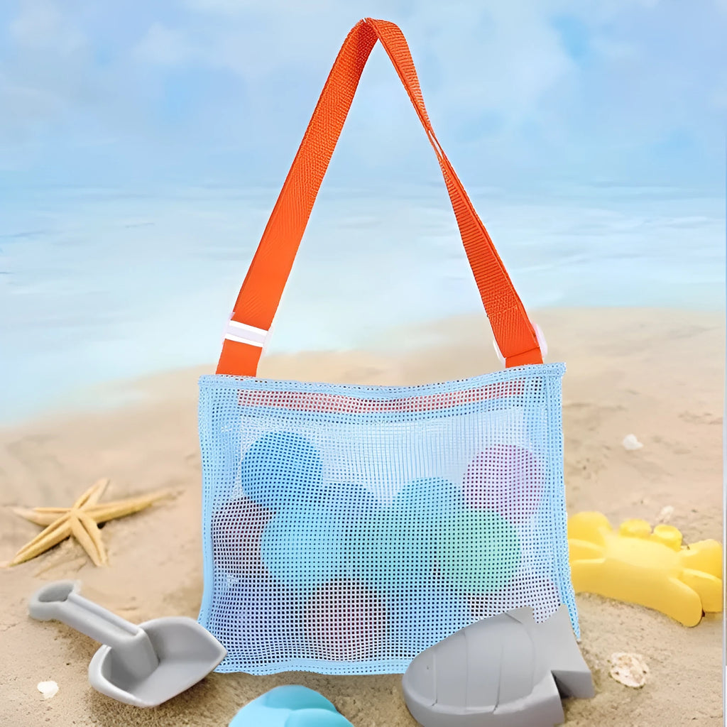 Blue nylon mesh children's travel storage bag with shoulder strap measuring 20x25x8cm