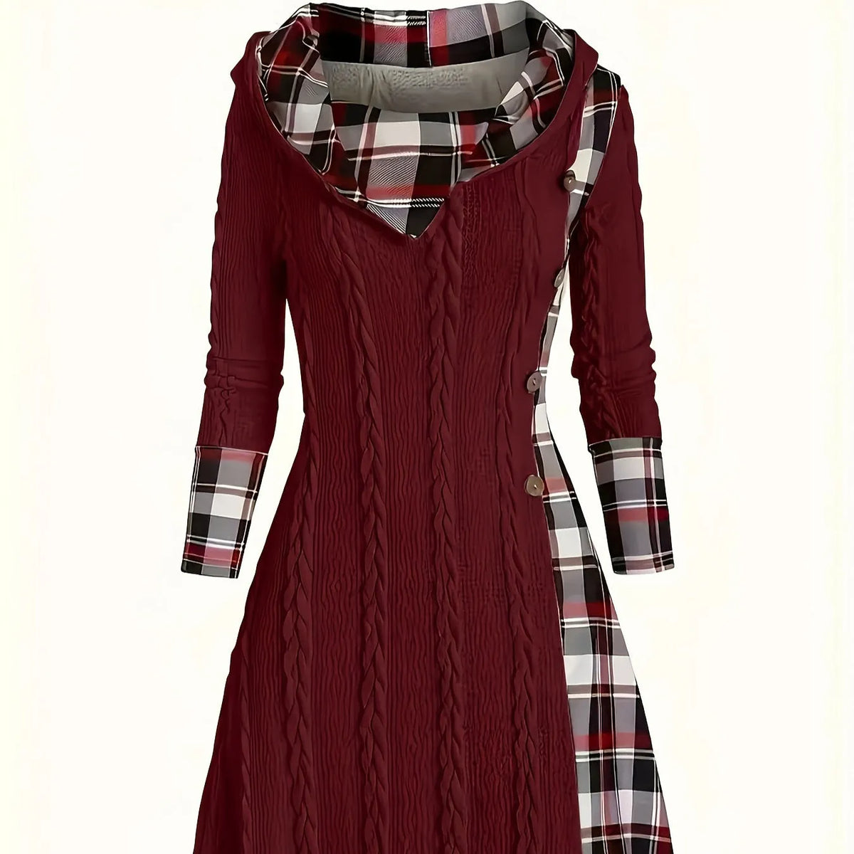 Women's hooded sunken stripe sweater long sleeve pullover dress in solid colour A-line midi street fashion style