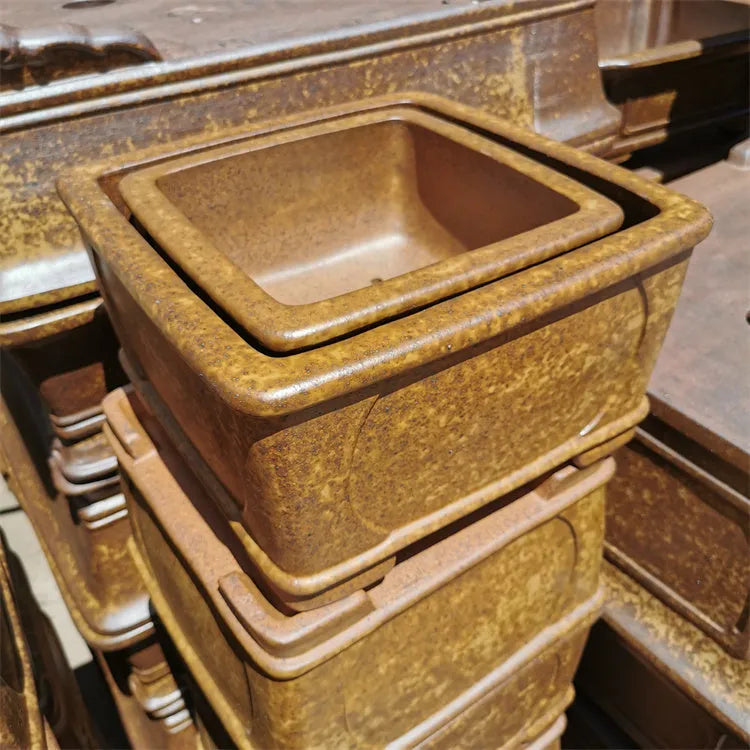 Set of two brown square purple sand bonsai pots with Chinese style design