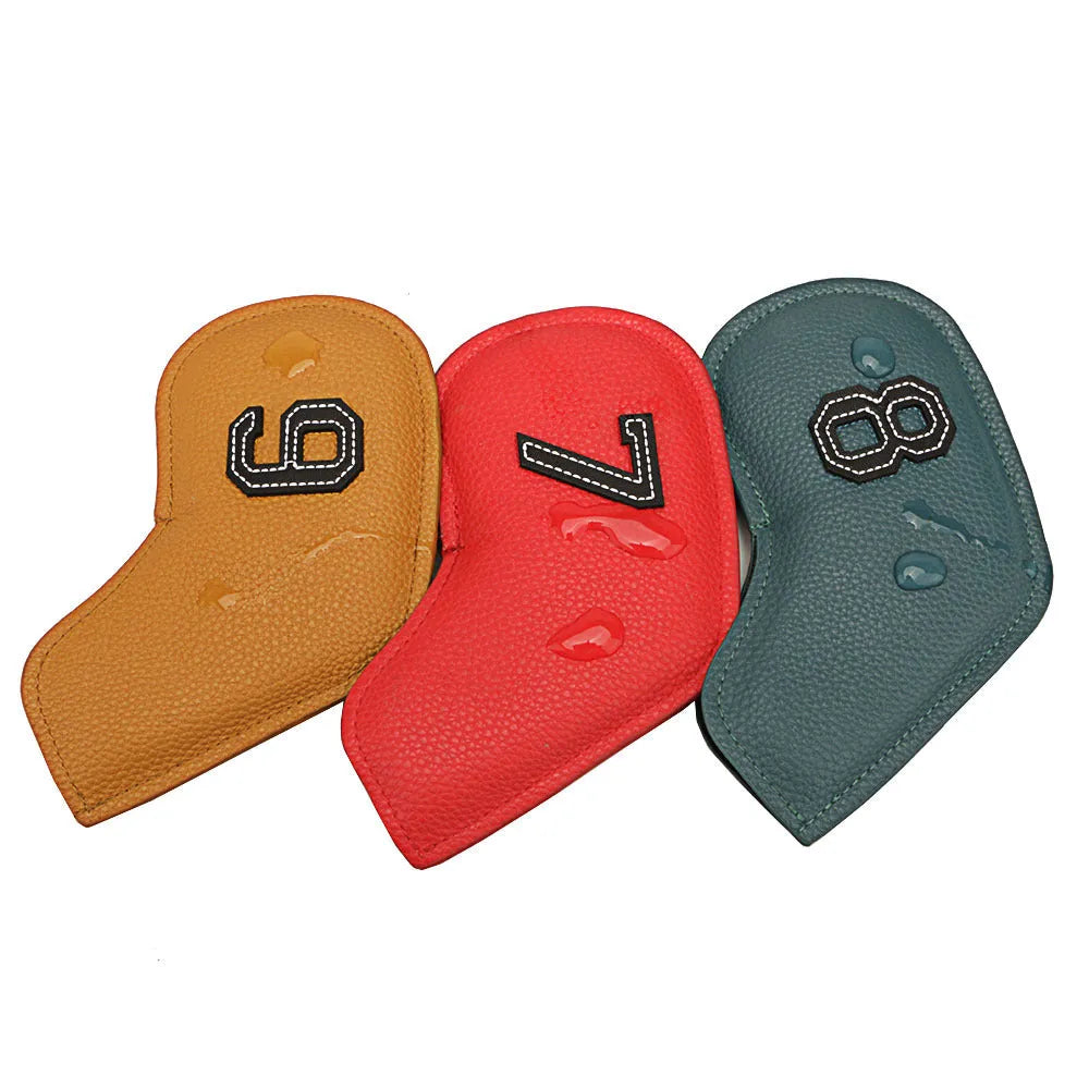 Set of 10 colourful digitally printed PU golf club headcovers for drivers, woods, and irons.