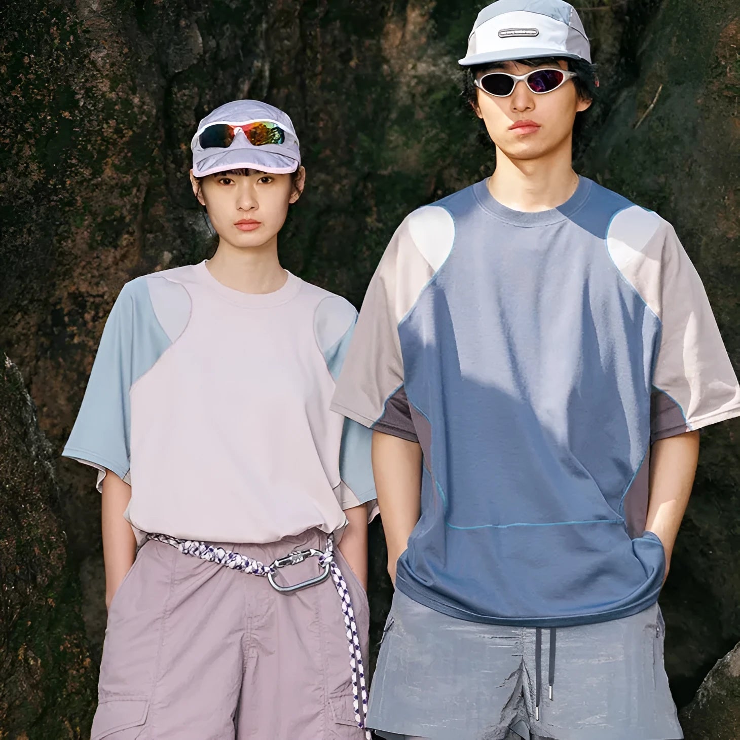 Men's loose patchwork contrast sports T-shirt in cotton blend, shown in blue colour option.