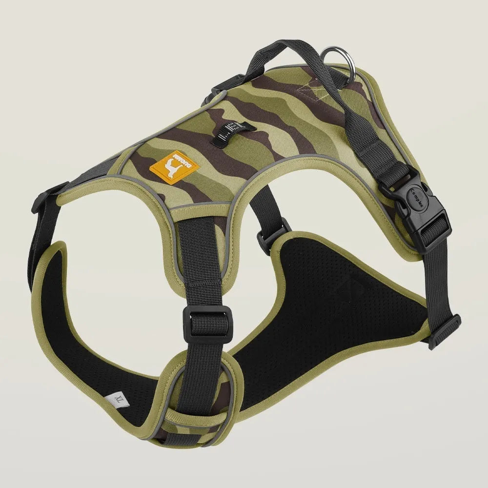 Orange reflective dog lead with chest and back attachment on a grey background.