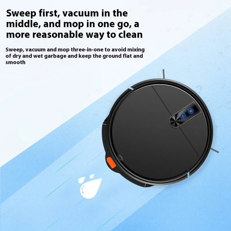 Black and white intelligent sweeping robot vacuum cleaner with remote control on a hardwood floor.