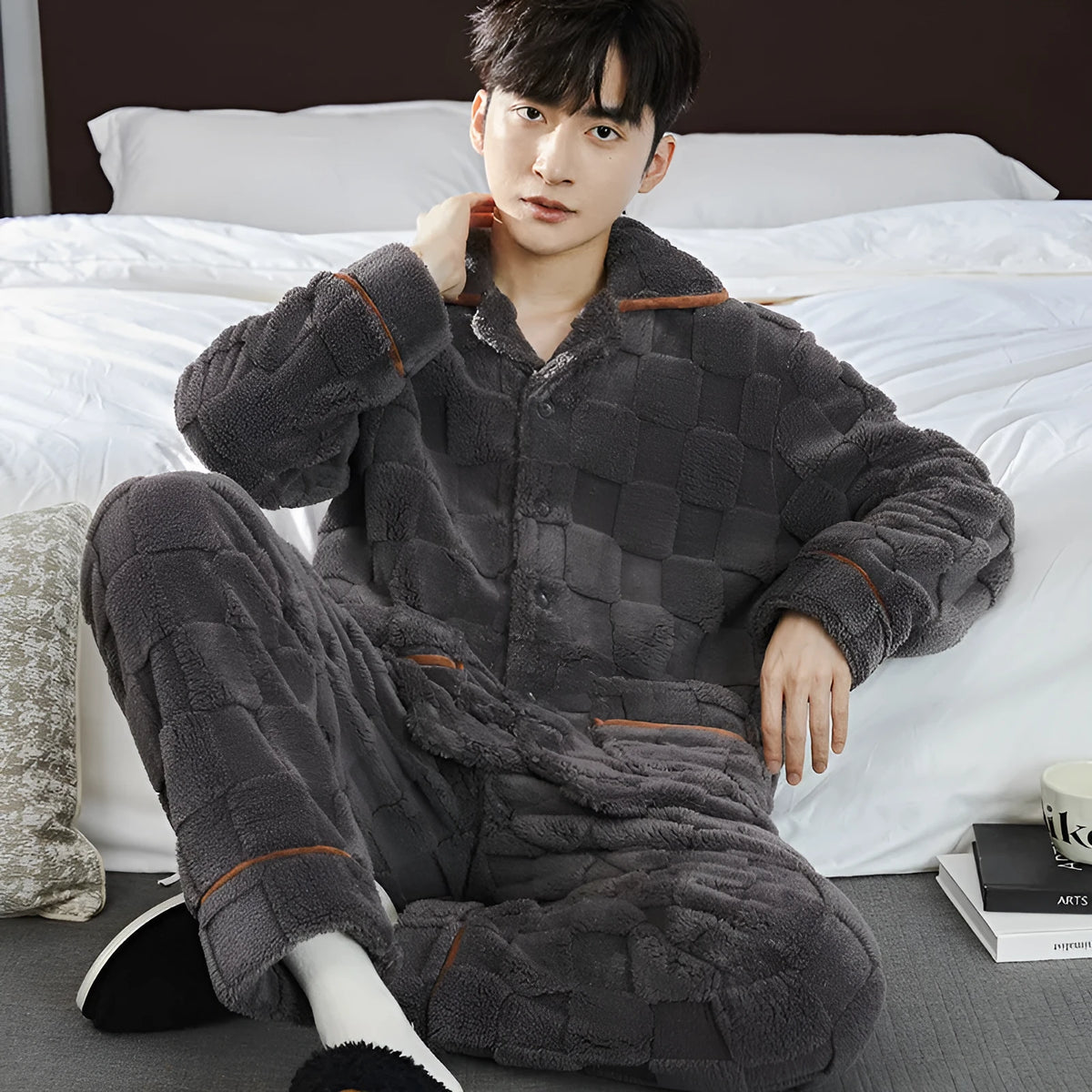 Mens flannel pyjama set with fleece lining, dark gray checkered jacquard pattern, loose fit loungewear