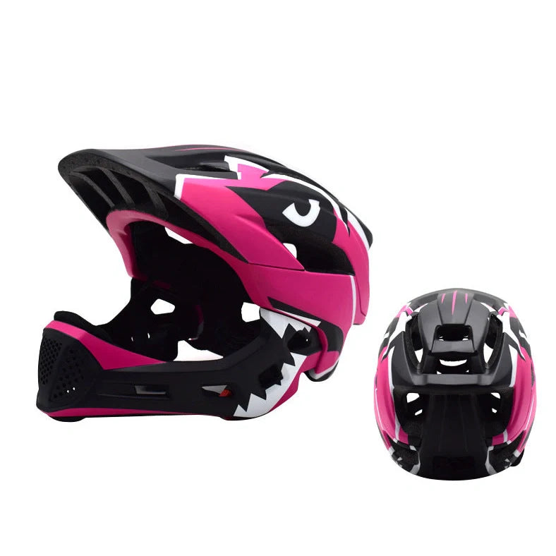 Blue children's full face bicycle helmet with ventilation holes and adjustable head strap