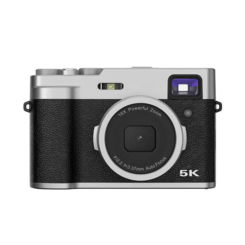Black and brown 5K digital camera with dual lenses, optical viewfinder, and a 2.88-inch screen.