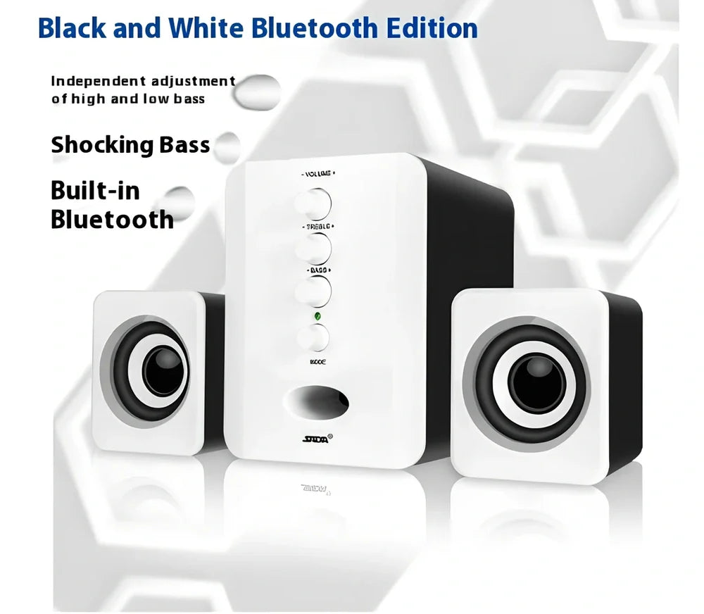 Black compact USB computer speakers set with main unit, two satellites, 1m cables, and 3.5mm port for 3W stereo audio