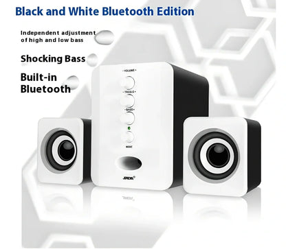 Black compact USB computer speakers set with main unit, two satellites, 1m cables, and 3.5mm port for 3W stereo audio
