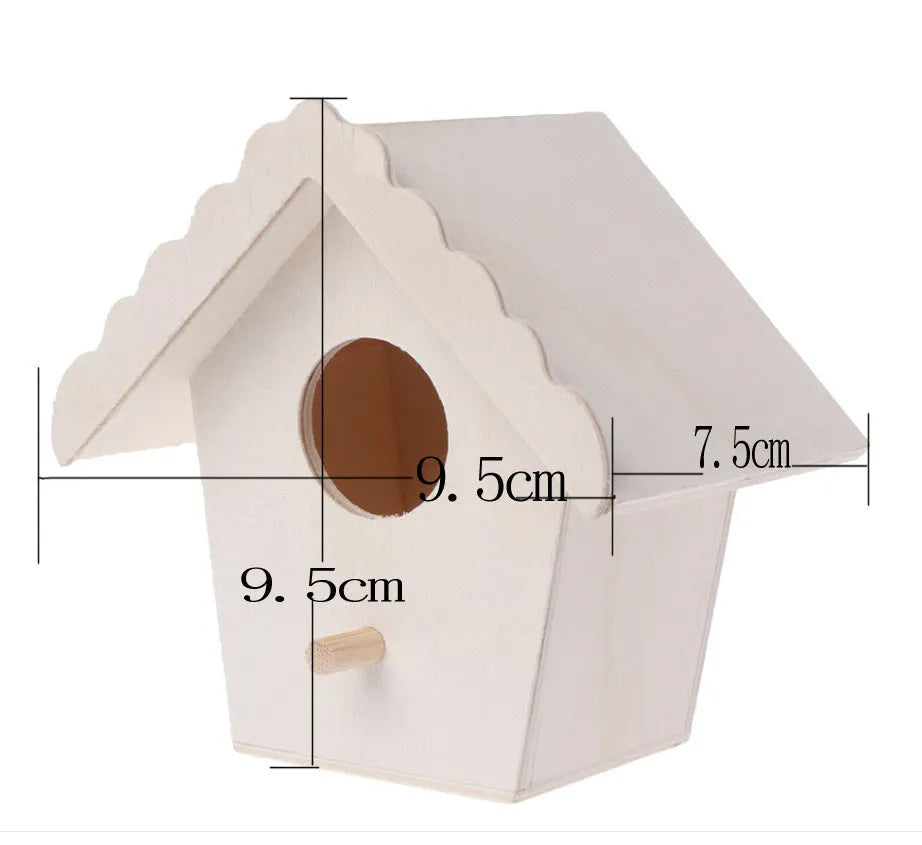 Set of six polished wooden bird nest ornaments in pine and poplar, including heart, double hole, and lace eave styles.