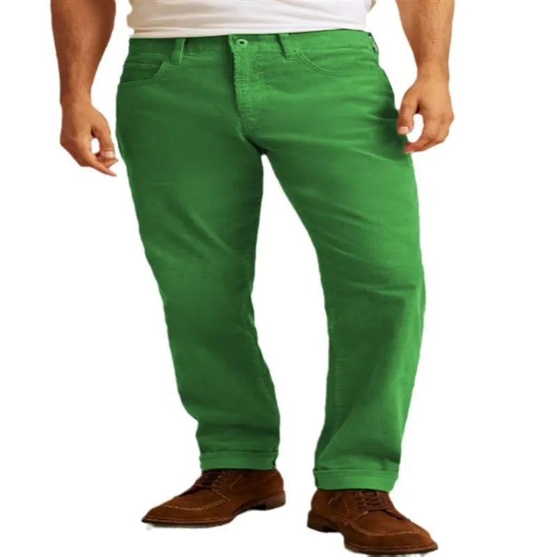 Men's solid colour corduroy trousers in a straight leg, loose casual fit on a hanger.