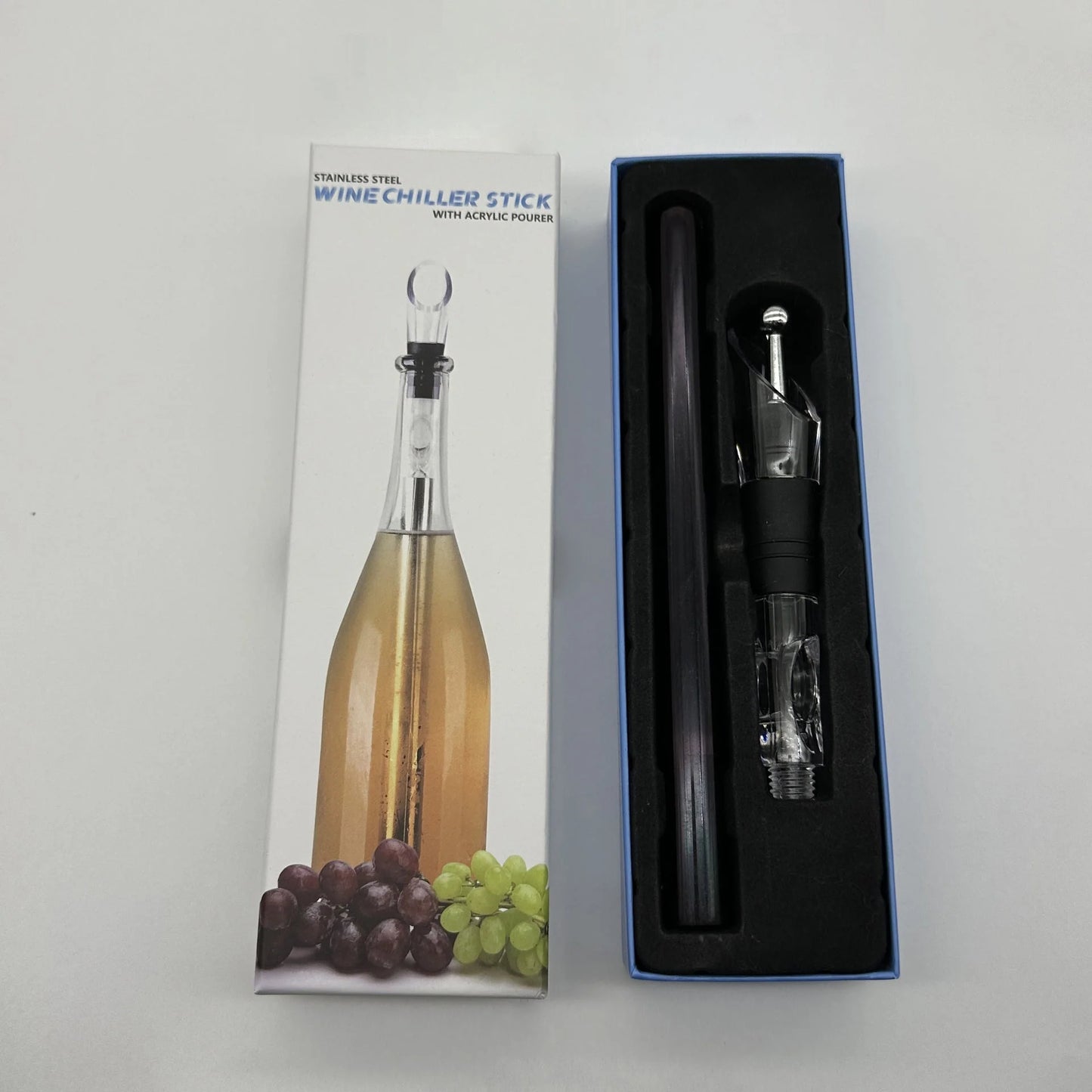 Stainless steel wine chilling rod with leakproof pourer