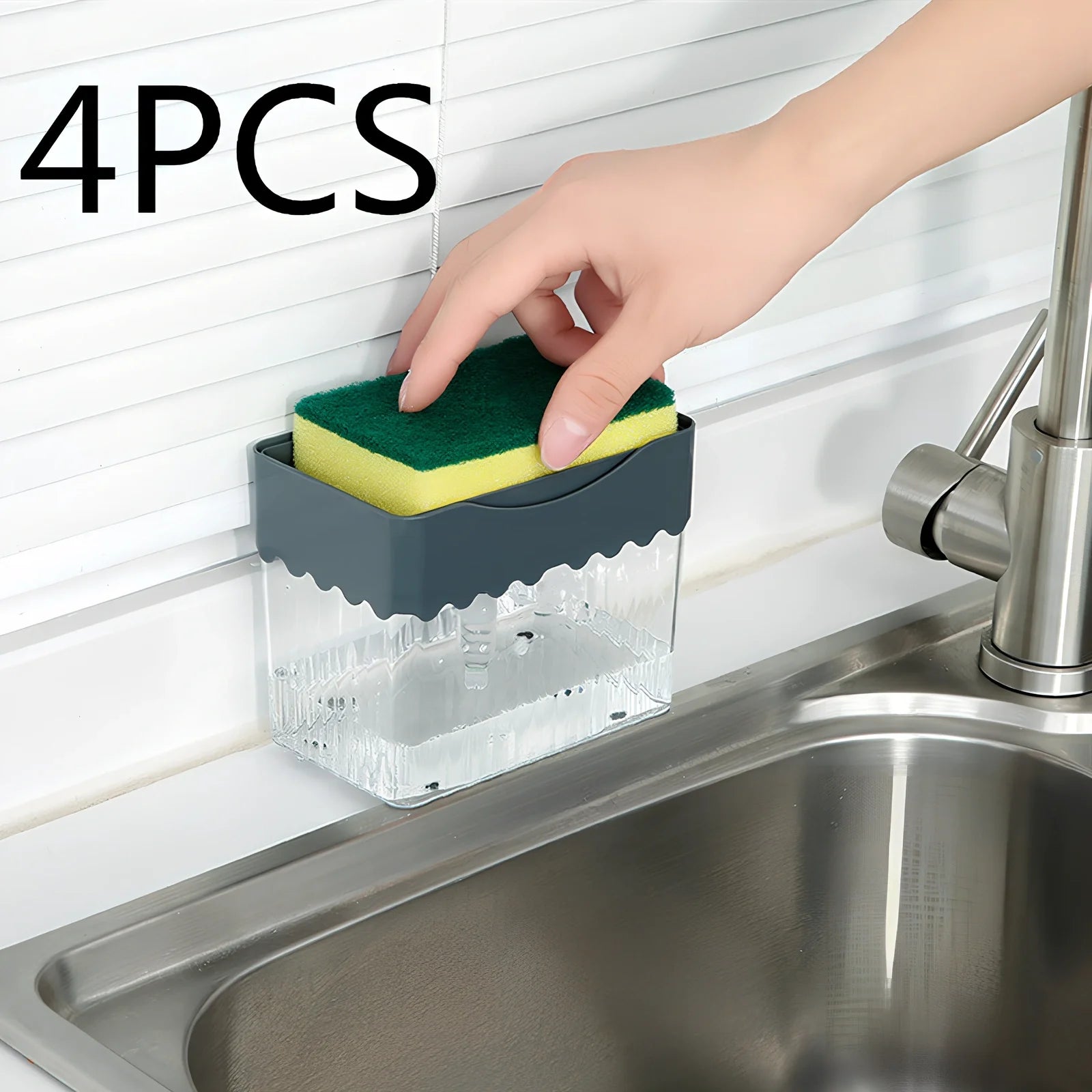 Dark blue 2-in-1 soap dispenser and sponge caddy unit on kitchen counter with measuring tape showing 13.5cm diameter
