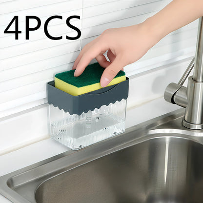 Dark blue 2-in-1 soap dispenser and sponge caddy unit on kitchen counter with measuring tape showing 13.5cm diameter