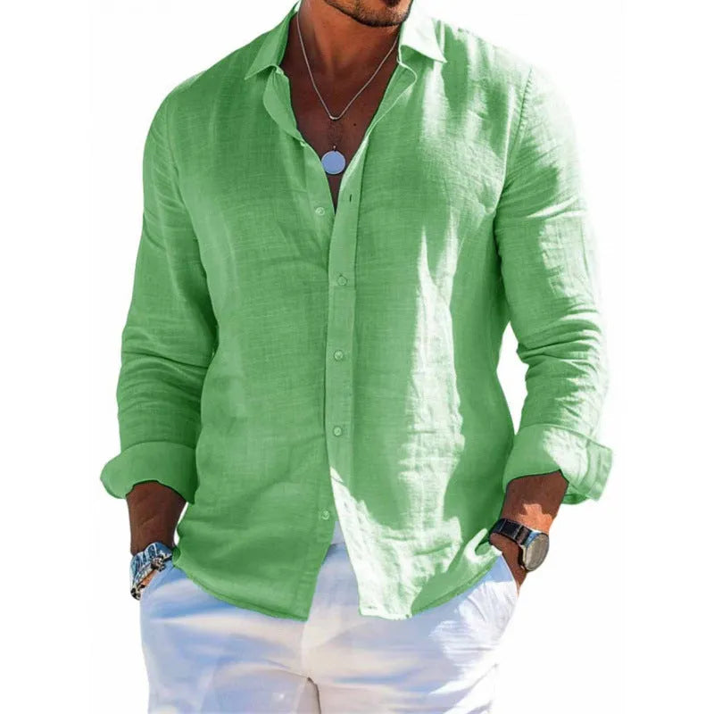 Men's long sleeve shirt casual loose lapel button top solid colour polyester plus size blouse clothing