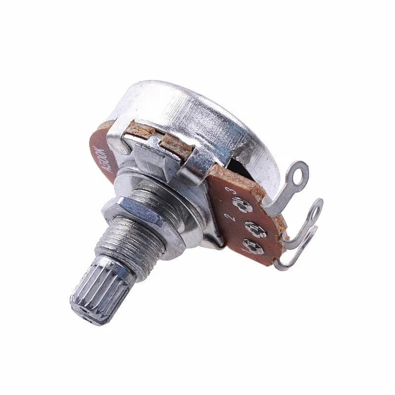 A single metal potentiometer knob for electric guitar tone or volume control.