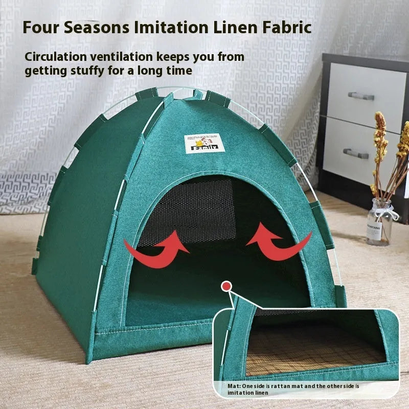 Grey enclosed pet tent with removable washable cover for cats and small dogs.