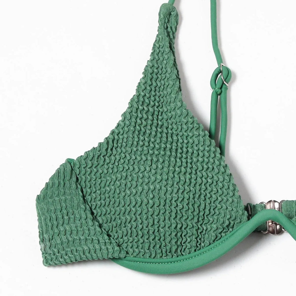 Women's green bikini suit with ruffle split detail on quick-drying polyester fabric