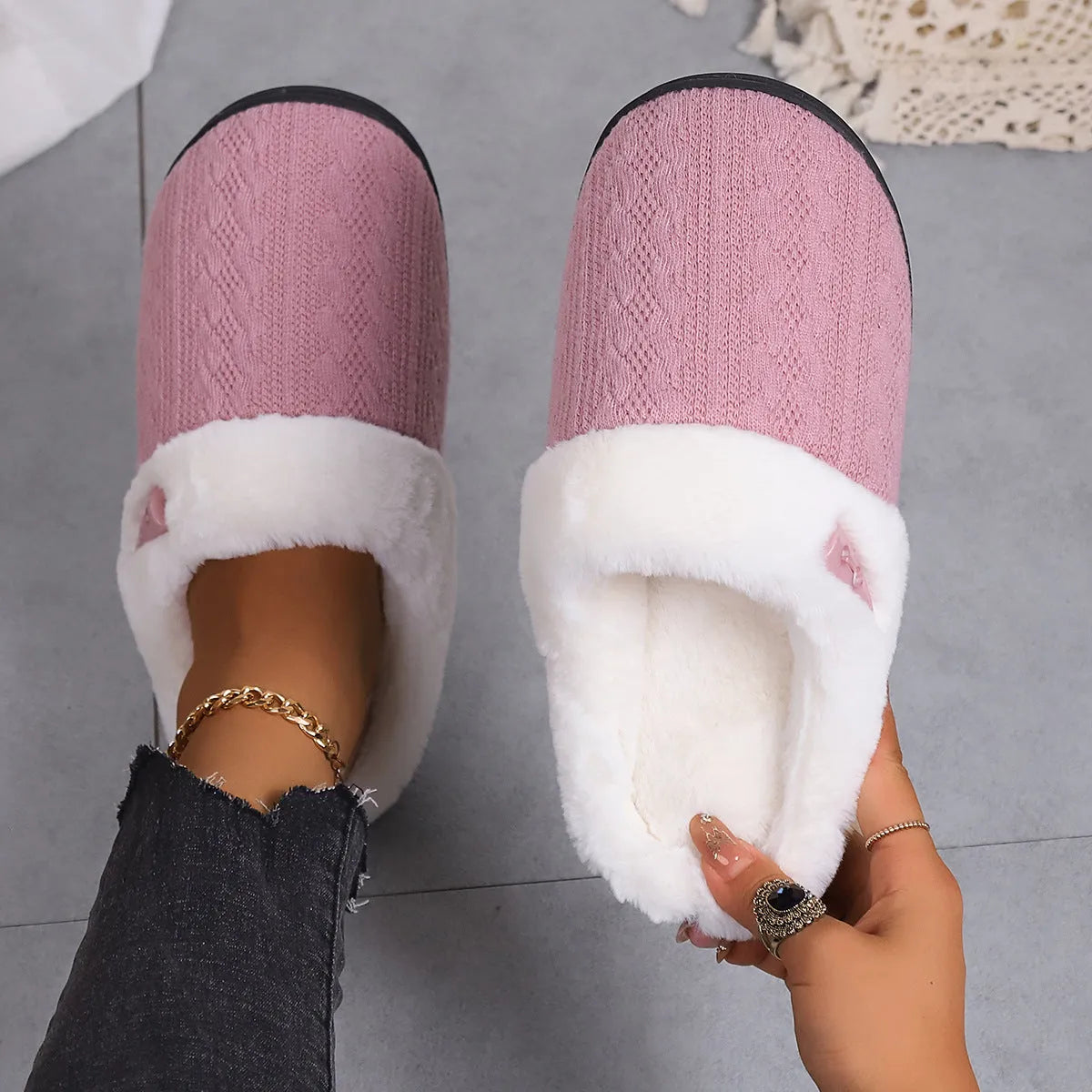 Winter cotton slippers with rubber non-slip sole and warm lining for home daily wear